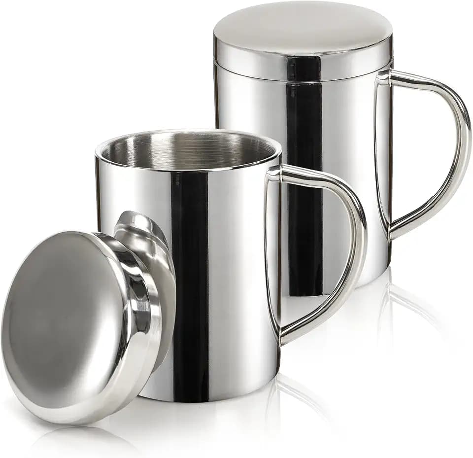 Yesland 2 Pack 13.5 oz (400ml) Stainless Steel Double-Walled Metal Mugs - Perfect Size for Coffee & Tea, Insulated Cup with Lid and Handle, Thermal Camping Mugs for Hot and Cold Drinks