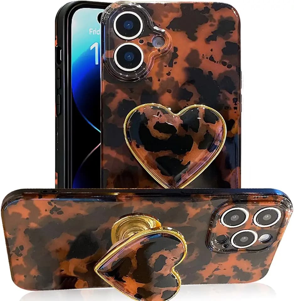 Compatible with Cute iPhone 17 Case 6.3'', Tortoise Shell Phone Case with Brown Amber Print Leopard Heart Holder Stand Kickstand Shockproof TPU Protective Cover for Women Girls