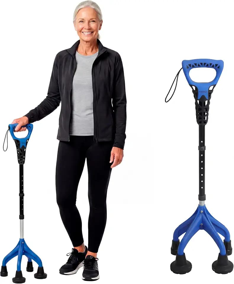 KMINA Vierfuß Spazierstock Gehstock (Schwer und Stabil 1,5 kg), Ergonomischer Griff, Verstellbare Benutzer >1,55m Höhe, Patentiertes Design - Made in Europe