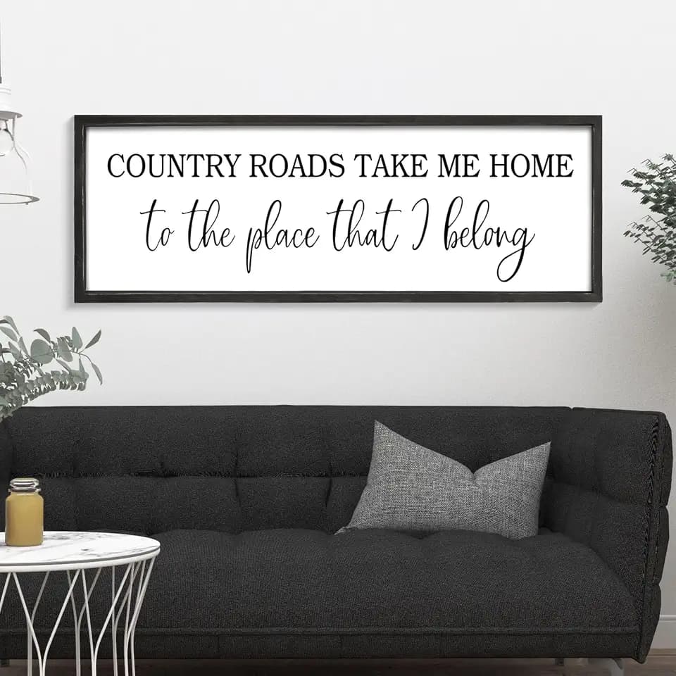 Country Roads Take Me Home Decor, 42''×15'' Large Farmhouse Country Wall Sign with Solid Wood Frame, Vintage Wall Art Western Living Room Home Decor (Black)