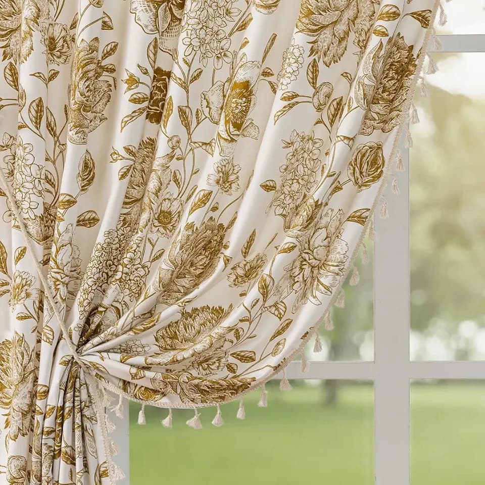 Vintage Tan Floral Curtains with Tassels, Light Filtering French Country Drapes, Cream Printed Semi Sheer Window Curtains, Boho Farmhouse Curtain Panels for Bedroom Living Room Home Office, 55x90