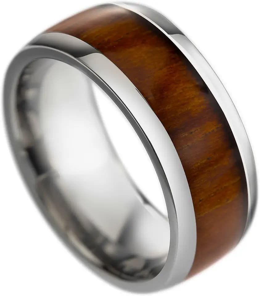 Tungsten Carbide Genuine Natural Hawaiian Koa Wood Tree Inlay Comfort Fit Ring 8mm 6mm 4mm Wedding Band Dome Style Scratch Resistant Weighted Hypoallergenic High Polished Finish with Gift Box Included