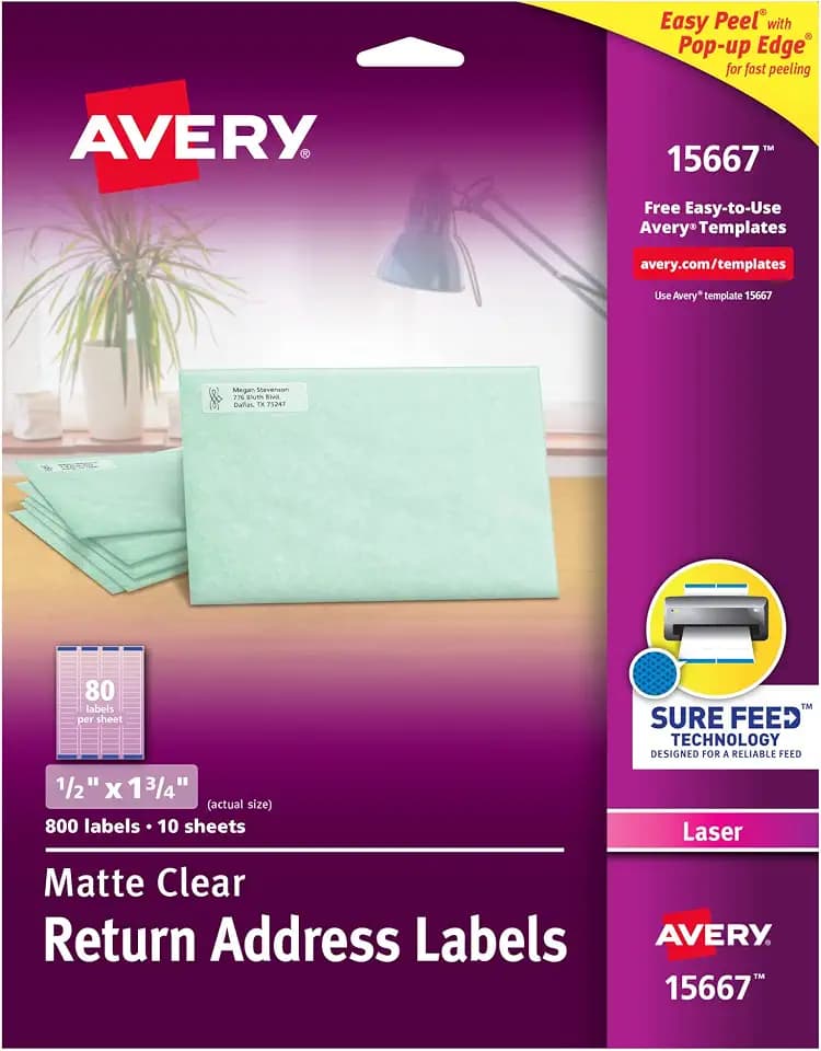 Avery® Printable Return Address Labels, Sure Feed® Technology, 0.5" x 1.75", Matte Clear, 800 Blank Mailing Labels (15667)