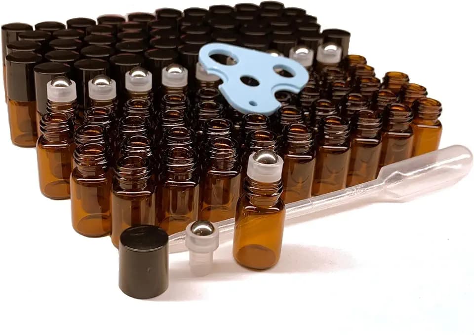 Essential Oils Roller Bottles 100pcs 2ml 5/8 Dram Glass Roller Bottles Refillable Essential Oil Roller Bottles Amber, Stainless Steel Roller Balls, Sample Roll On Bottles, Mini Roller Bottles, Vials