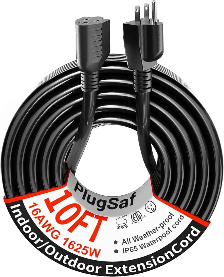 PlugSaf 16/3 10Ft Indoor Extension Cord Black, 3 Prong Electric Cord