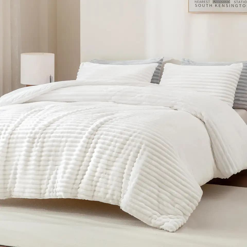 Andency Fluffy King Size Comforter Set, White Fleece Faux Fur Bedding Set