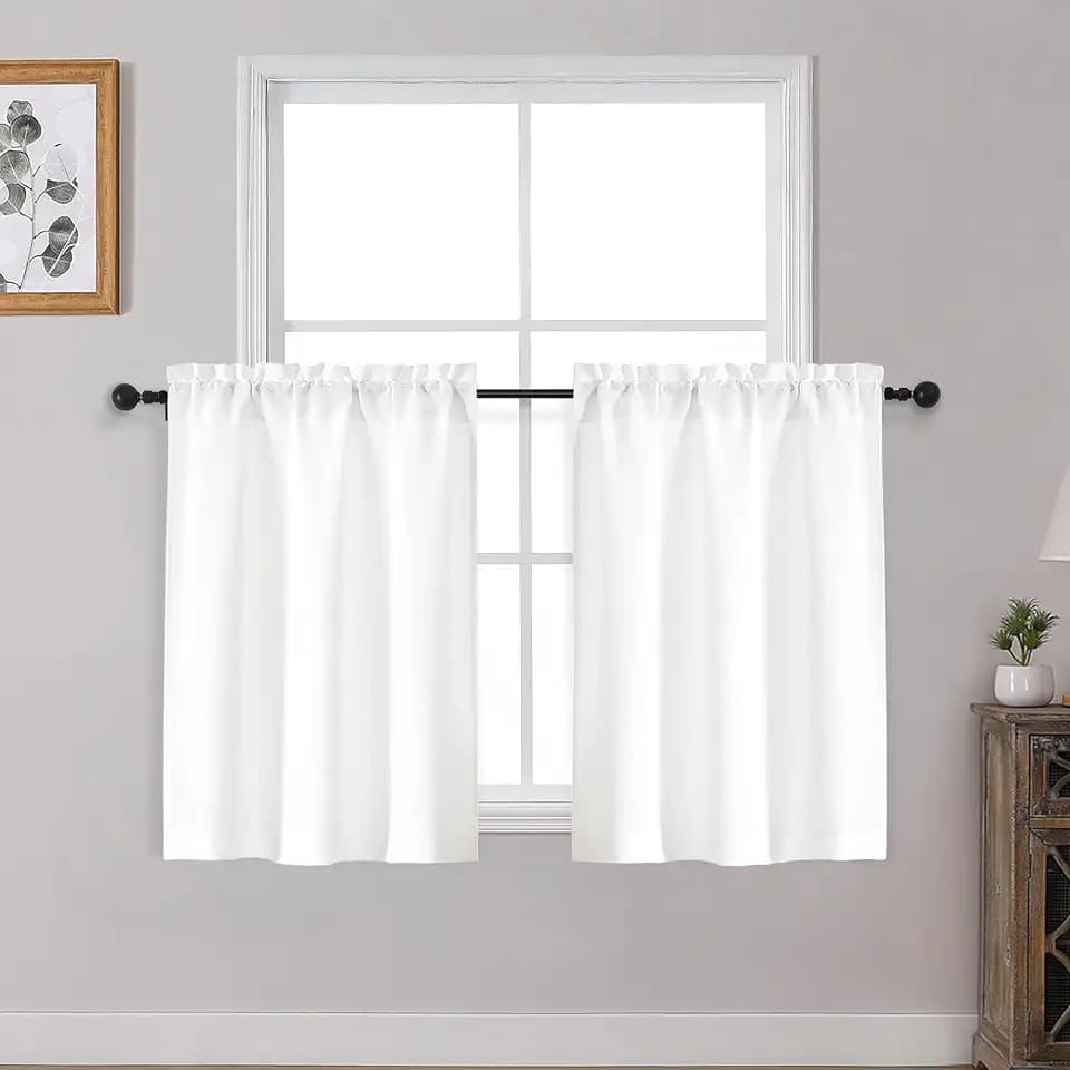 OWENIE White Cafe Curtains 2 Panels for Bathroom Basement 30 Inch Length