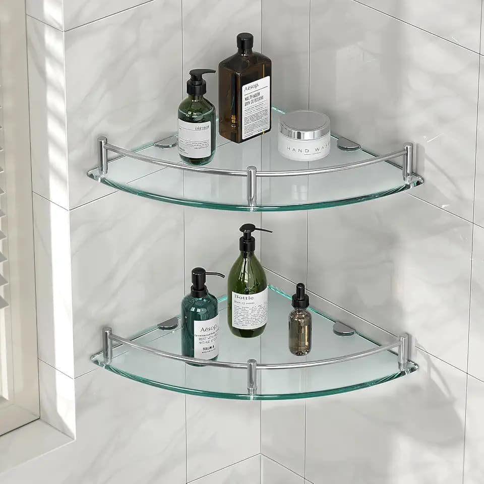 Glass Corner Shelves Tempered Bathroom Eestantes para Baños with Rail Wall Mounted Drill Hole for Corner Shower Shelf for Inside Shower 2 Pack(Sliver)
