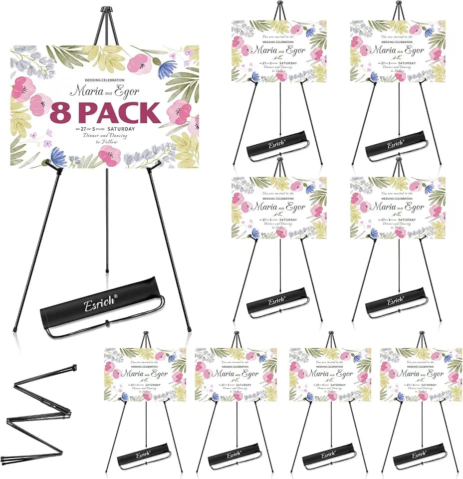 ESRICH 8 Pack Easel Stand for Sign, 63" Easels for Display, Lightweight Metal Easels for Signs Wedding Logos,Arts, Painting,Adjustable Easel Stand with Storage Bag