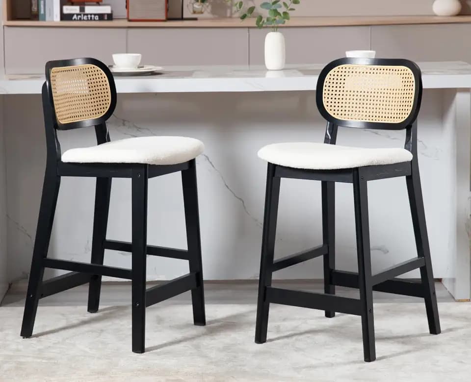 CIMOTA Rattan Counter Height Bar Stools Set of 2 Black Wooden Cream Boucle