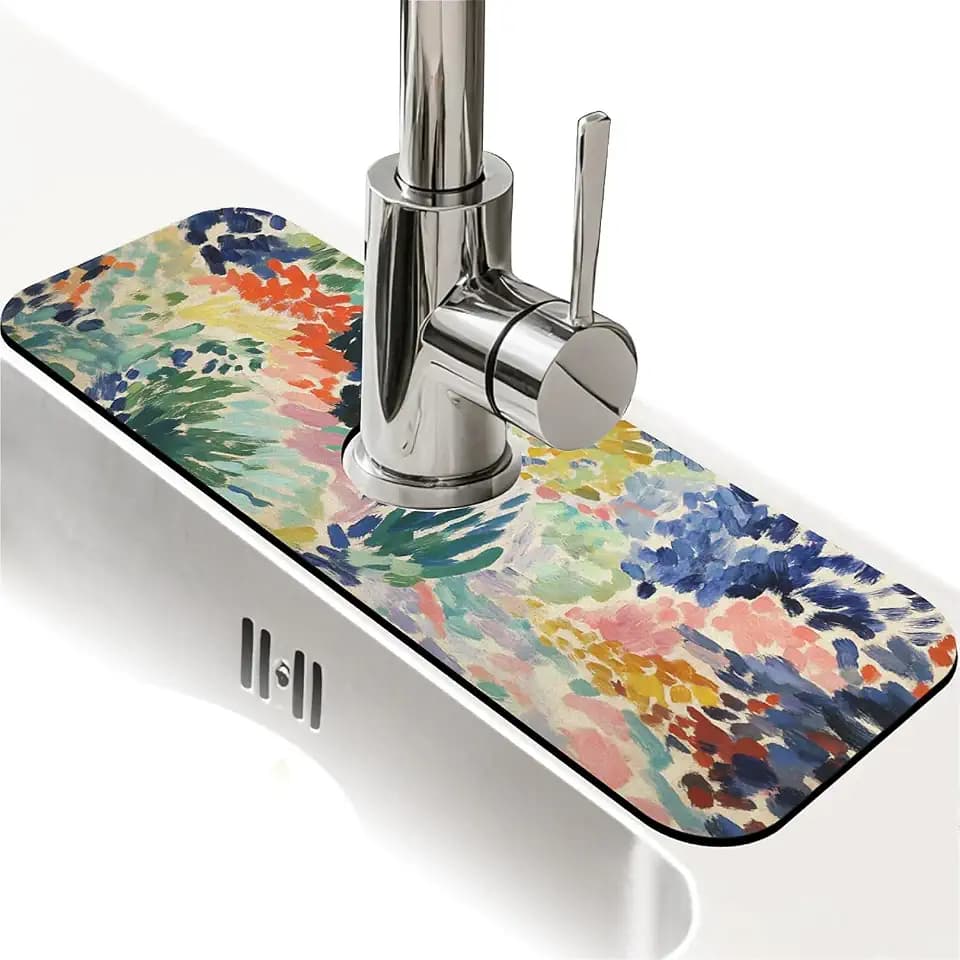 Kitchen Sink Splash Guard,Enchanting garden-1 Faucet Mat Sink Gadgets-Super Absorbent Fast Drying Mat Drip Catcher for Kitchen, Bathroom,Sink Mat, Dish Drying Mat, Bathroom(15" X 5.5" )