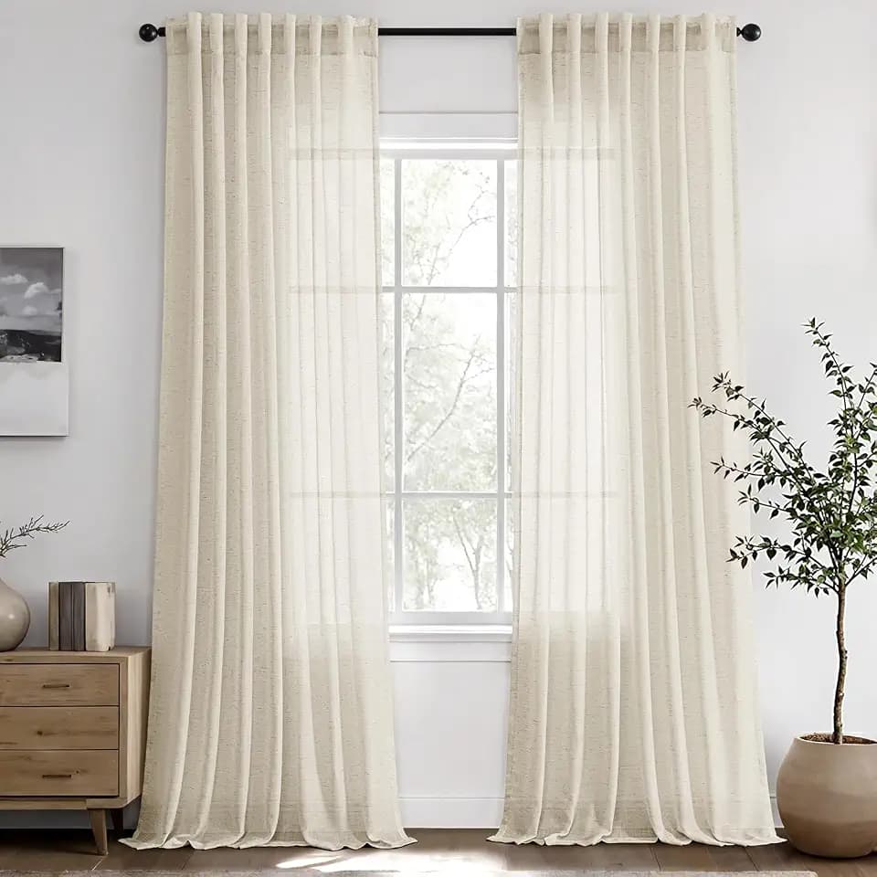 Ivory Semi Sheer Linen Curtains 90 Inch Long 2 Panels for Living Room