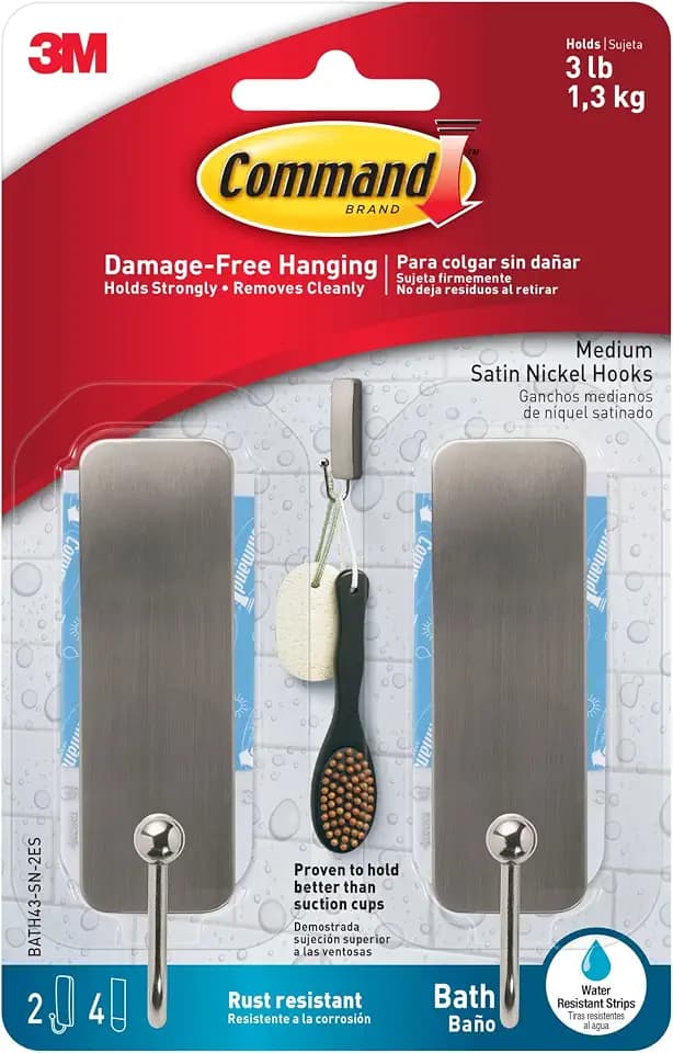 Command Medium Satin Nickel Bath Hooks, 2 Hooks, 4 Strips