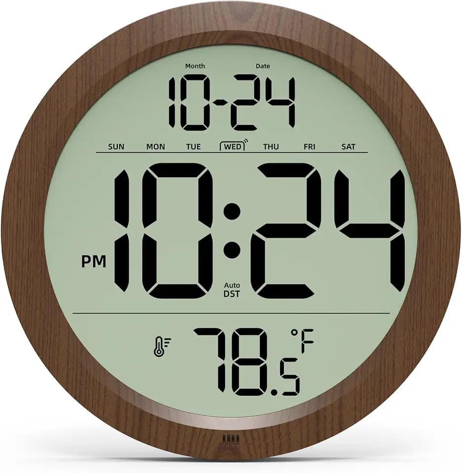 Digital Wall Clock Battery-Operated, 8 Inch Small Decorative Modern Wood Wall Clock with Date, Temperature, Auto-DST, Silent Electric Wall Clock for Bedroom, Living Room, Kitchen, Office, Farmhouse
