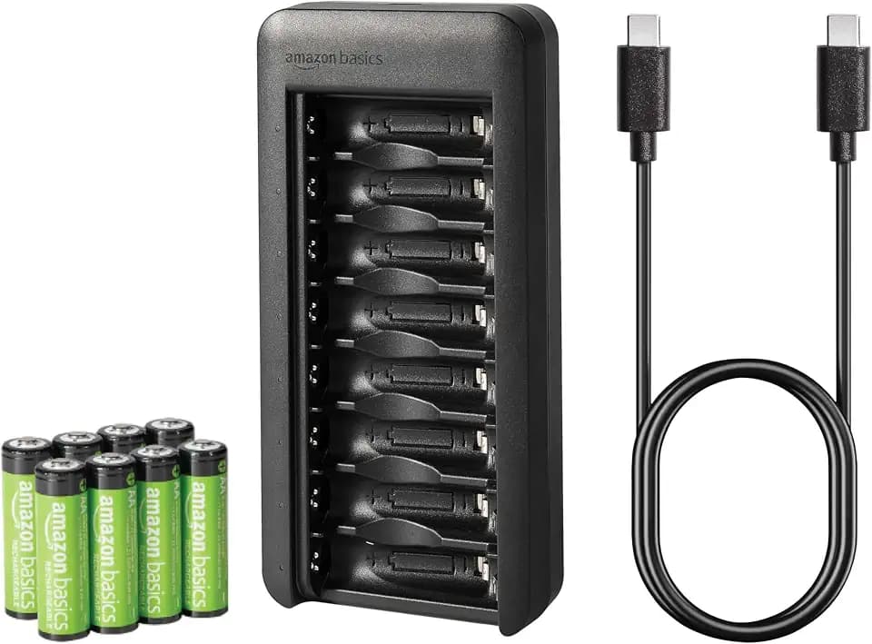 Amazon Basics NiMH Batterieset wiederaufladbar, 8er-Pack AA-Batterie 2000 mAh, mit Batterieladegerät mit Platz für 8 Batterien, ohne AC-Netzadapter, USB-C-Anschluss