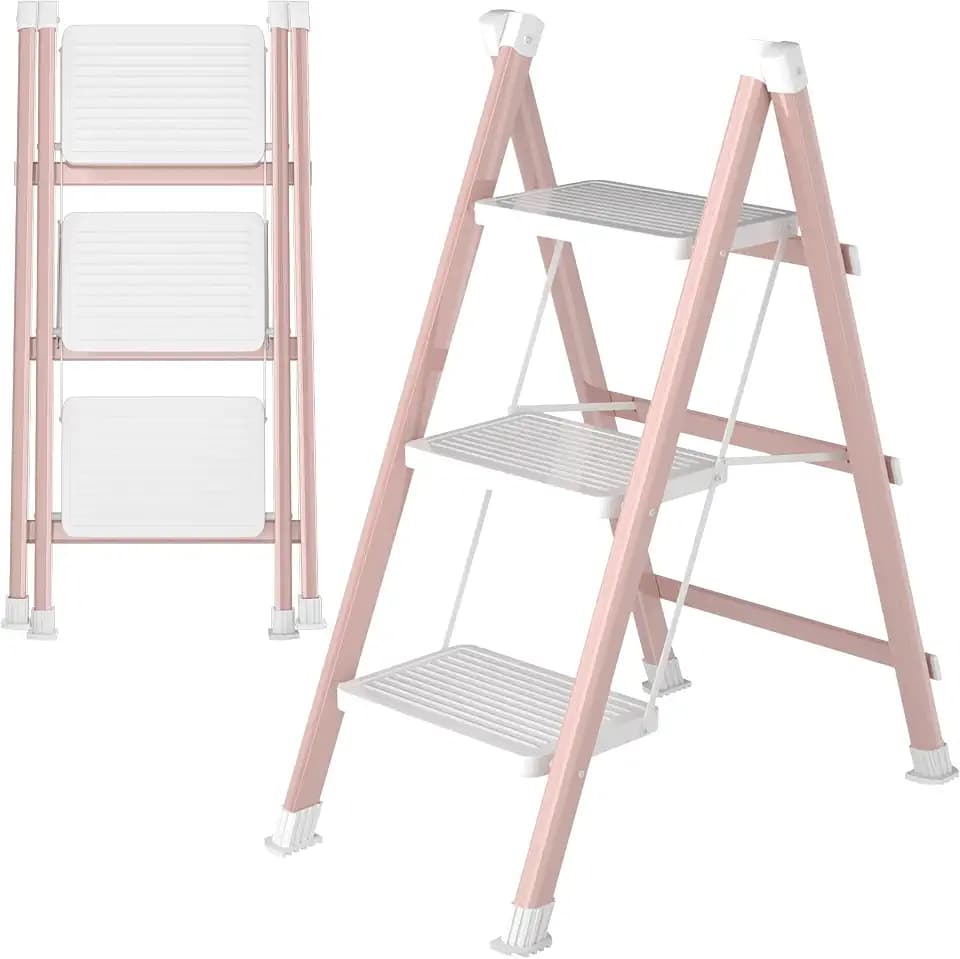 DIAMONDFORGE 3 Step Ladder, Folding Step Stool with Anti-Slip Wide Pedal, Anti-Slip Feet, Sturdiest Steel Construction, 330lbs Capacity Steel Ladder for Home and Office, Pink White