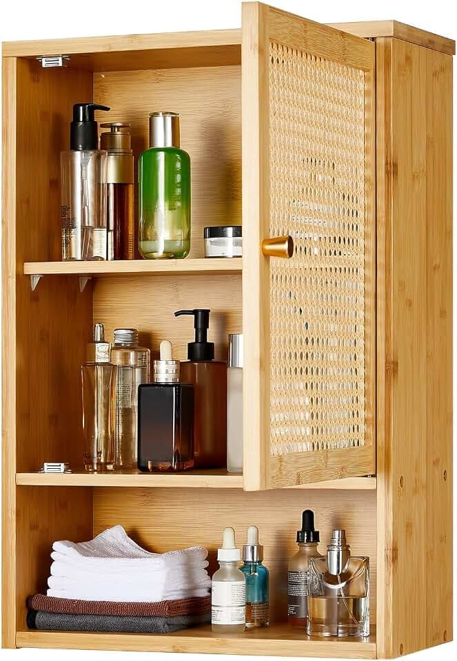 Bathroom Wall Cabinet, Bamboo Medicine Cabinet with Rattan Doors, Adjustable Shelf, Wall Mounted Storage Cabinet for Bathroom, Kitchen, Laundry Room Natural