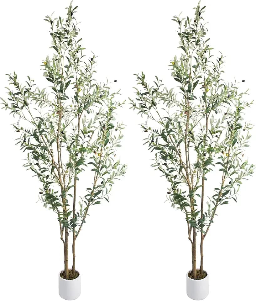 Fake Olive Tree 7FT Tall 2Pack with White Planter for Home Decor