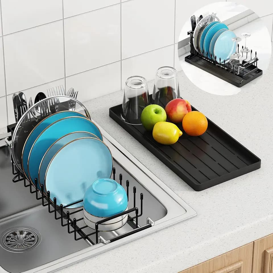 ANTOPY Sink Dish Drying Rack - Expandable Small Dish Rack Over Sinks with Silicone Drying Tray, Dish Drainer for Kitchen Counter with Cutlery Holder, Drying Rack Fit for 14’’-19’’ Kitchen Sink