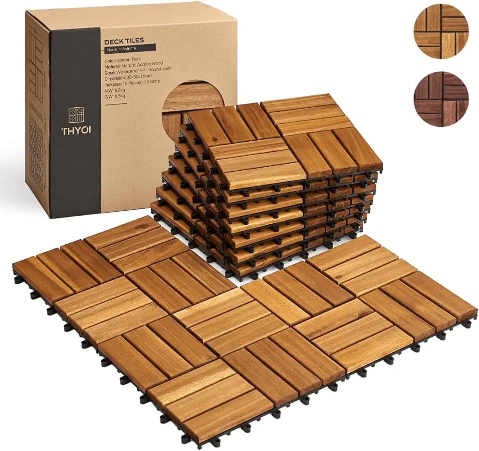 THYOI Premium Deck Tiles, 10 Pcs Patio Flooring - Golden Teak - Round Joint