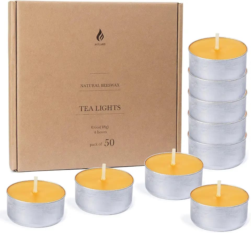 50PCS Beeswax Tealight Candles, Aluminum Cups, 4H Burn, Unscented