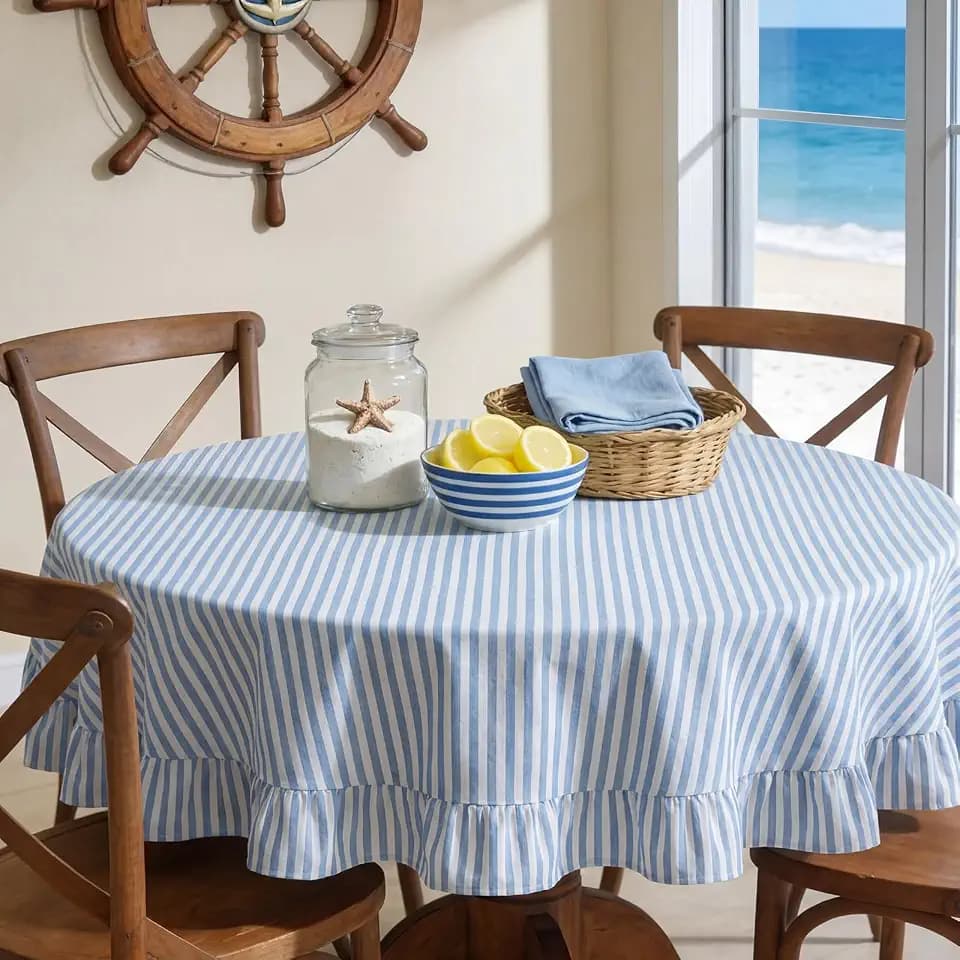 Frienda 60 Inch Blue Stripe Ruffle Table Cloth, Coastal Table Decor