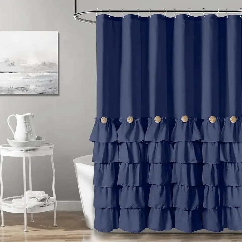 Seasonwood Navy Blue Ruffle Shower Curtain Farmhouse Shower Curtain 72 X 78