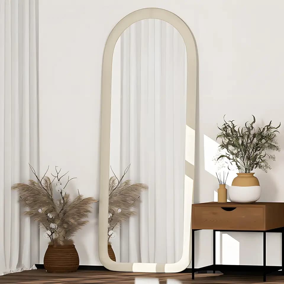 Full Length Mirror 56"x20" Arch Floor Mirror with Stand Arched Full Body Mirror Standing Hanging or Leaning Against Wall for Bedroom Flannel Wrapped Wooden Frame White
