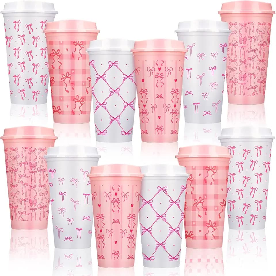 Skylety 12 Pcs Pink Bow Plastic Cups with Lids 16 oz Travel Coffee Mugs