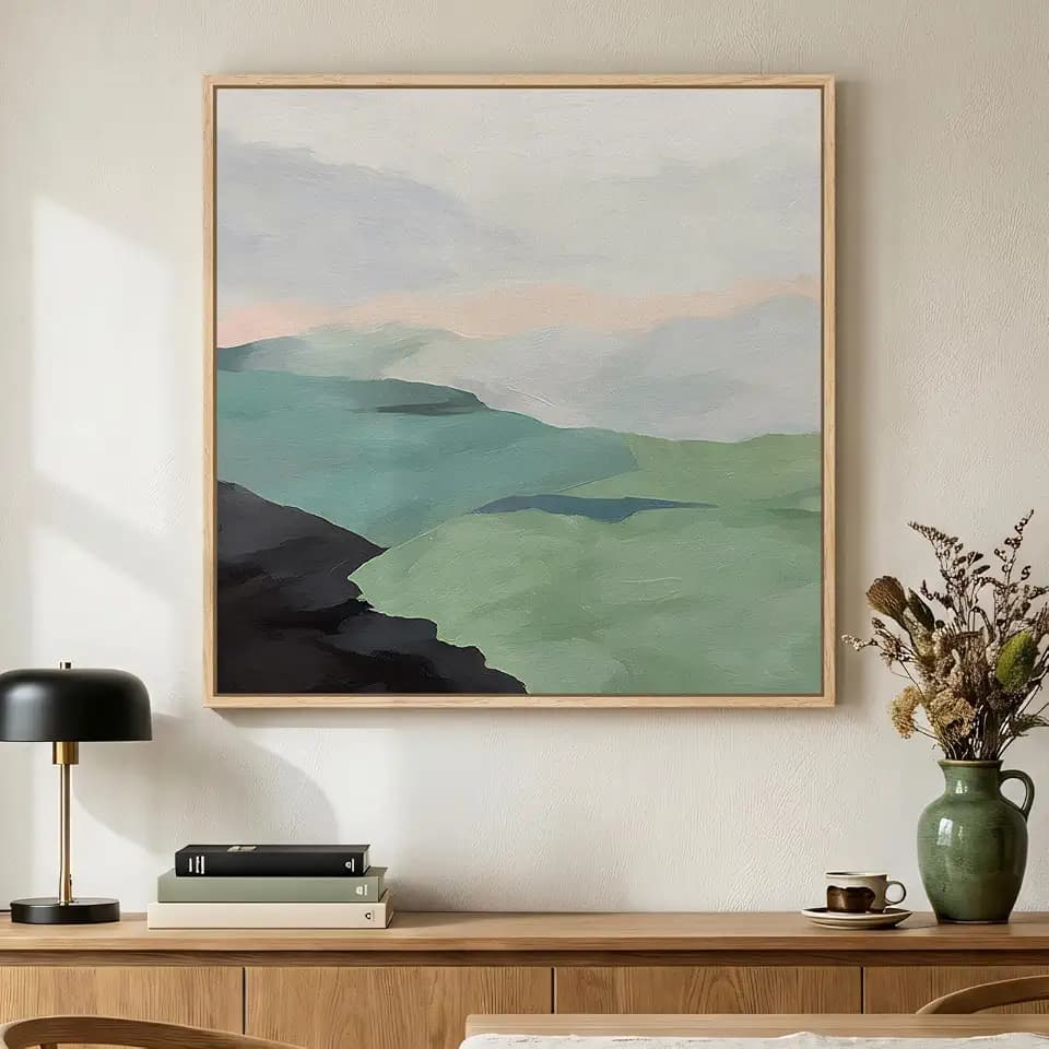Framed Modern Neutral Green Landscape Abstract Canvas Wall Art, 24x24 In