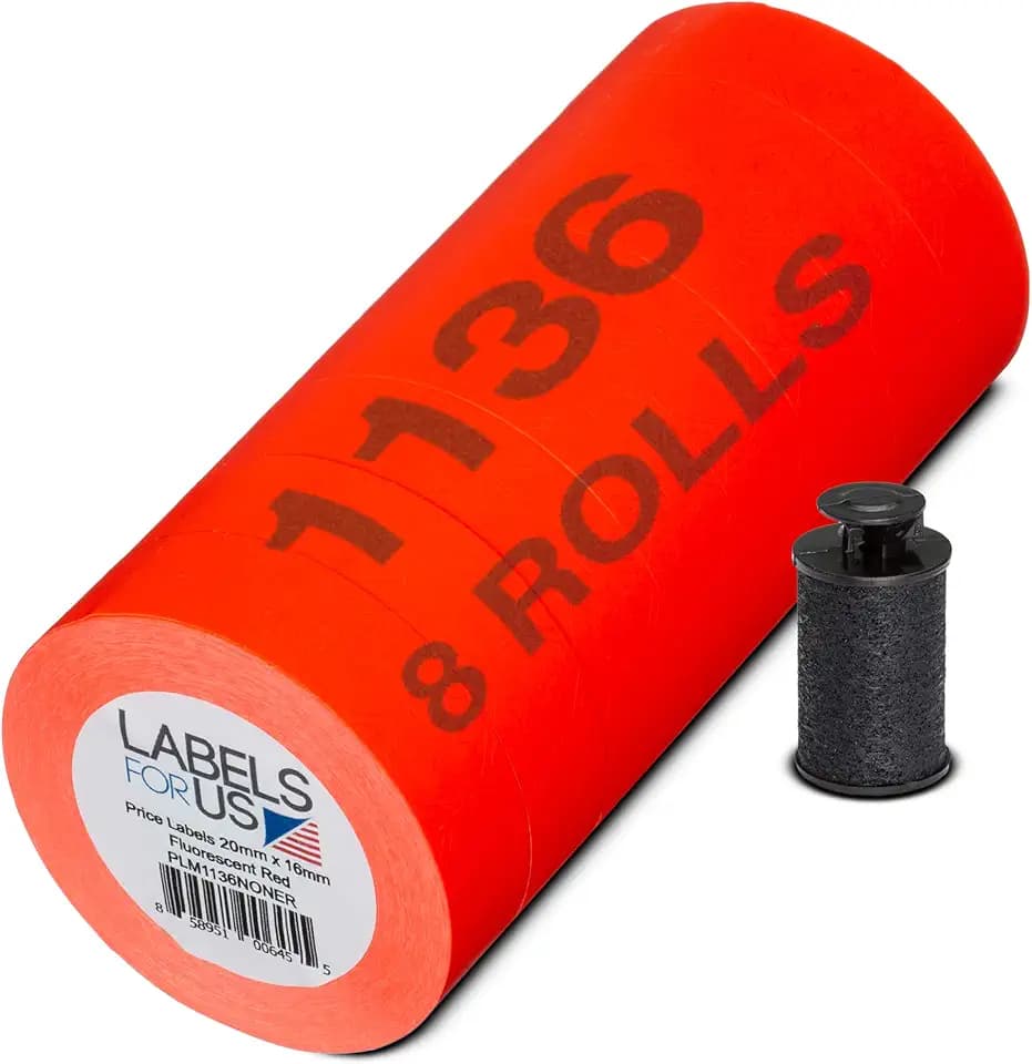 Labels for Monarch 1136 Labeler - Fluorescent Red - 14,000 Labels - Pack with 8 Rolls - Ink Roller Included - Manufactured by Labels for Us