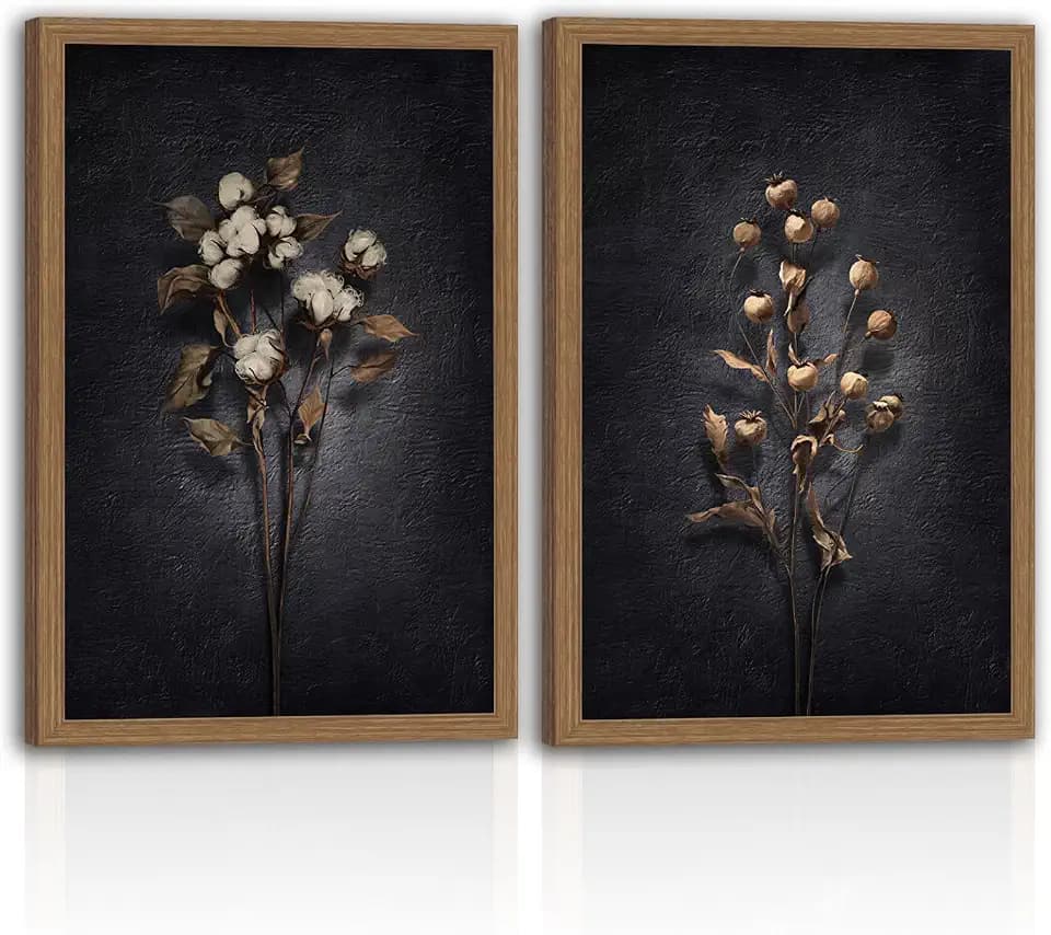2Pcs Framed Dark Moody Dried Floral Wall Art, Framed Canvas Print Minimalist Botanical Wildflower Wall Art Decor, Black Modern Farmhouse Wall Art Painting for Living Room, Bedroom, Office 16x24in