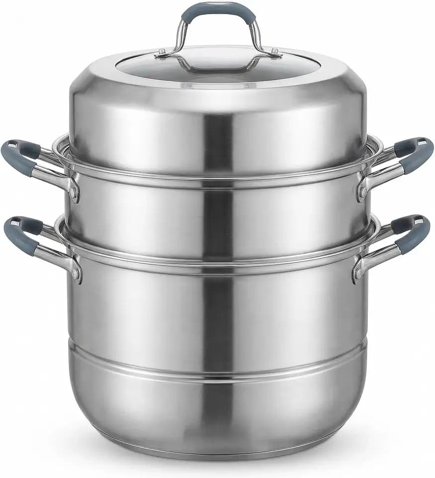 3-Tier 304 Stainless Steel Steamer Pot with Lid, Stackable Multi-Layer Food Steamer Cookware with Triple-Layer Bottom for Vegetables, Dumplings, Seafood and Family Meals