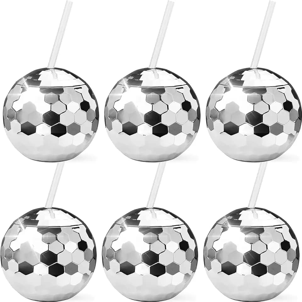 Haundry 6 Pack Disco Ball Cups, 20oz Sparkly Rose Glod Tumbler with Lid and Straws, Disco Flash Cups for Glam Disco Party Cups for Birthdays, Bachelorette, 70s,Bar Decor(Pink) (silver-6pcs)