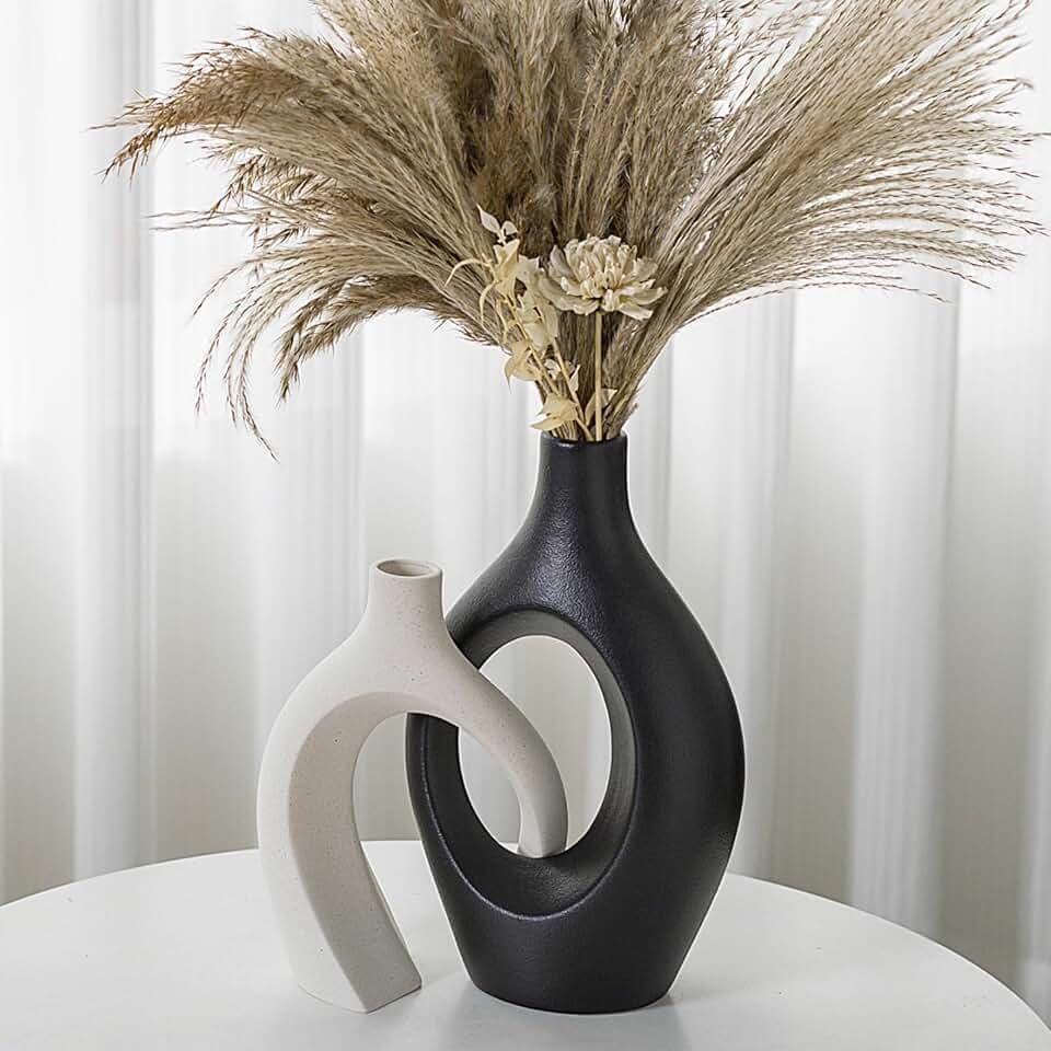 Liotww XL Snuggle Hollow Ceramic Vase Set of 2, Black and Beige Modern Vase