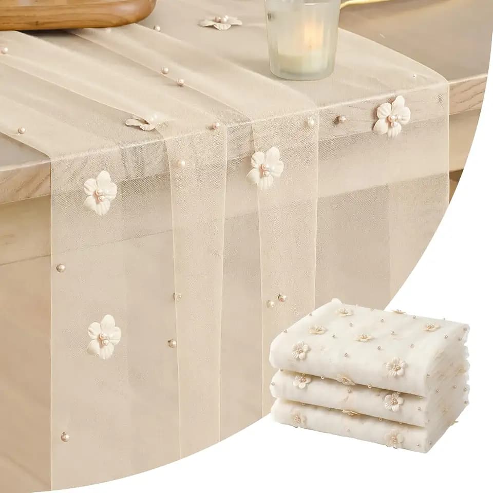 Artoid Mode Flower Pearl Champagne Gauze Table Runner 10FT 3PC, Seasonal Sheer Dining Holiday Wedding Birthday Baby Shower Table Decor for Home Party