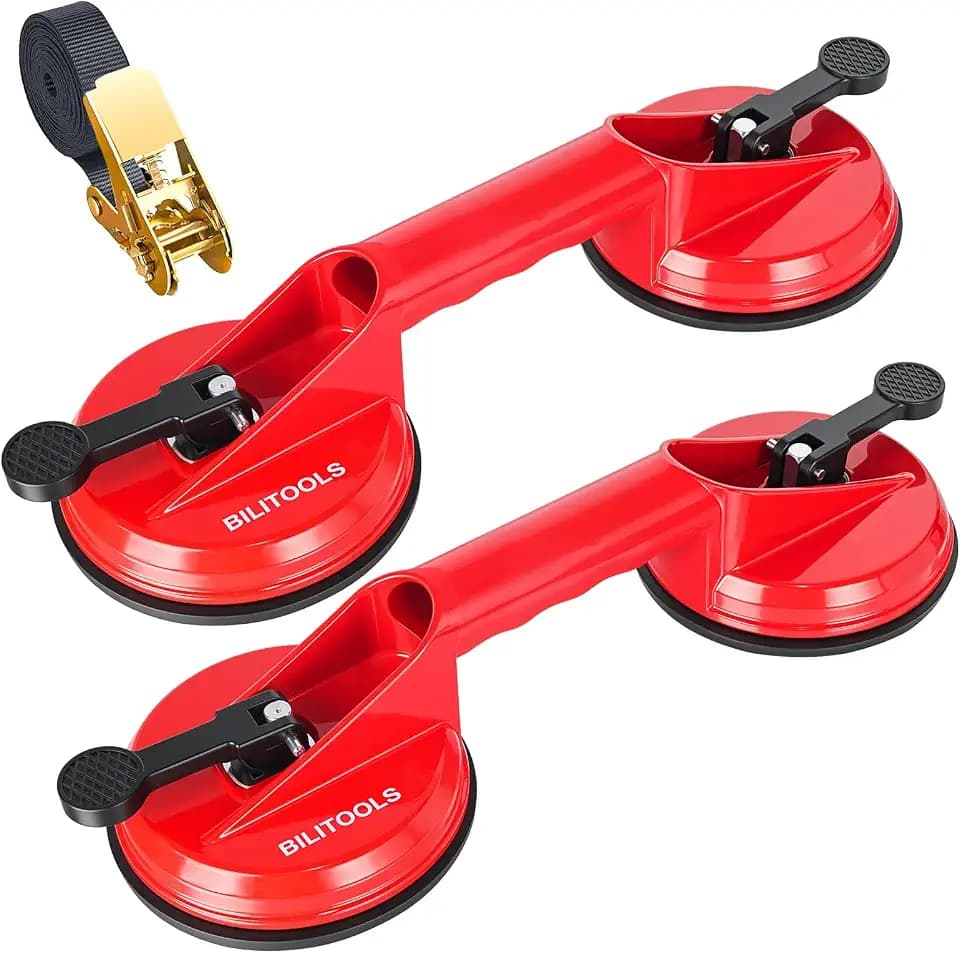 BILITOOLS 2-Pack Glass Suction Cups Lifter with Ratchet Strap, 176 LB Each
