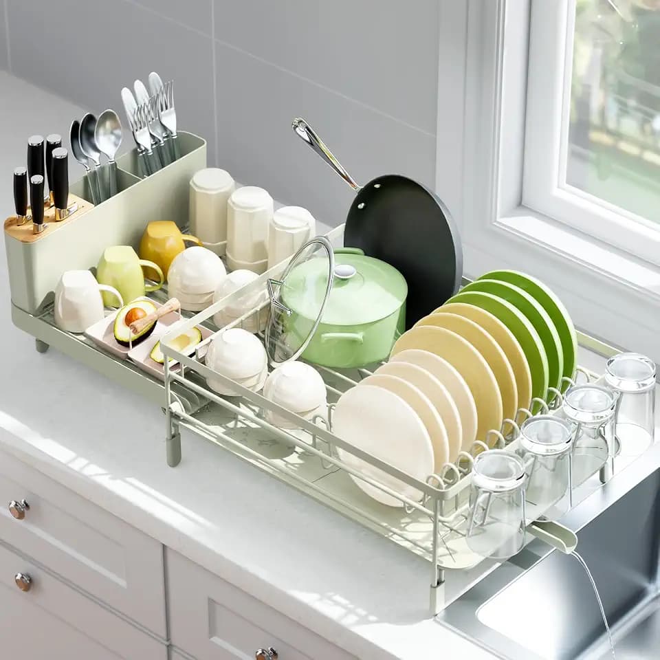 Urackify Extendable Dish Rack, 18.5"-26.7" L x 12.7" W, Soft Celery Green