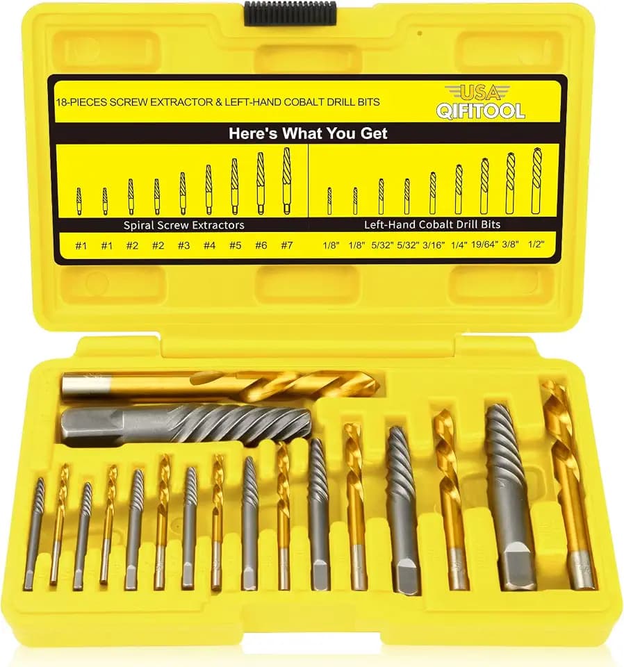 18PCS Screw Extractor Set, 37# Cr-Mo & 6542 HSS Cobalt Left-Hand Drill Bit, Easy Out Broken Bolt Remover, Reverse Drill for Stripped, Rounded-Off, Damaged Bolts, Screws & Studs Removal Tool (Yellow)