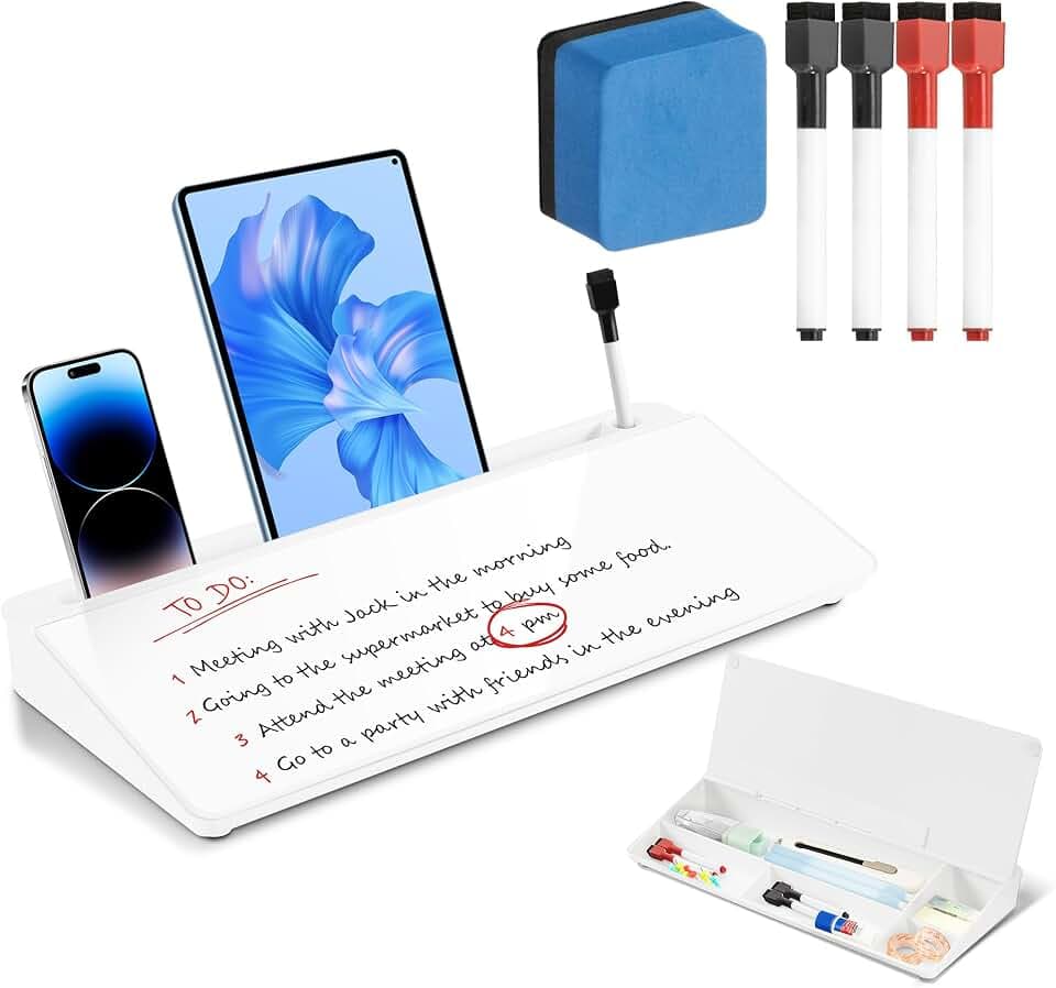 VUSIGN Glass Desktop Whiteboard with Storage, 6.8" x 15.8" Small Dry Erase Board, Desk Organizer Whiteboard, Computer Keyboard Stand, Includes 4 Markers, 1 Eraser for Office, Home, School