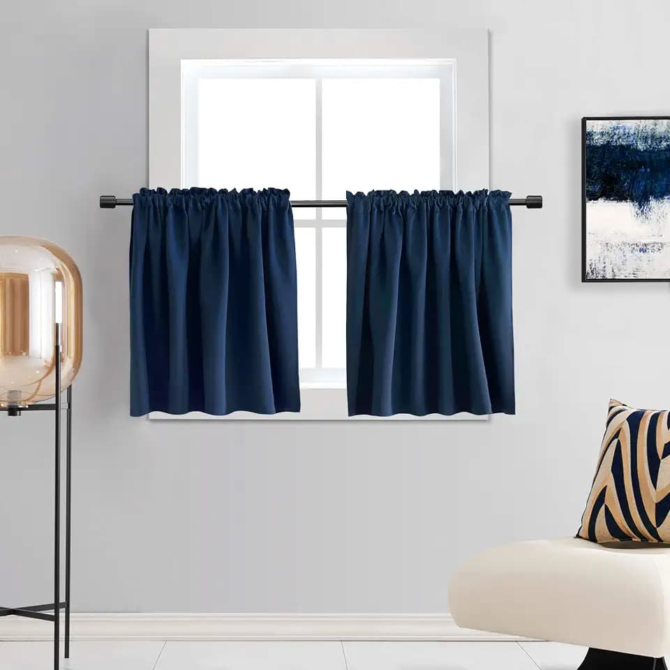 DONREN 38 Inch Length Tier Curtains- 2 Panels Blackout Thermal Insulating Small Valance Curtains for Kitchen Rod Pocket Top (Navy Blue,34 Inches Wide by 38 Inches Long)