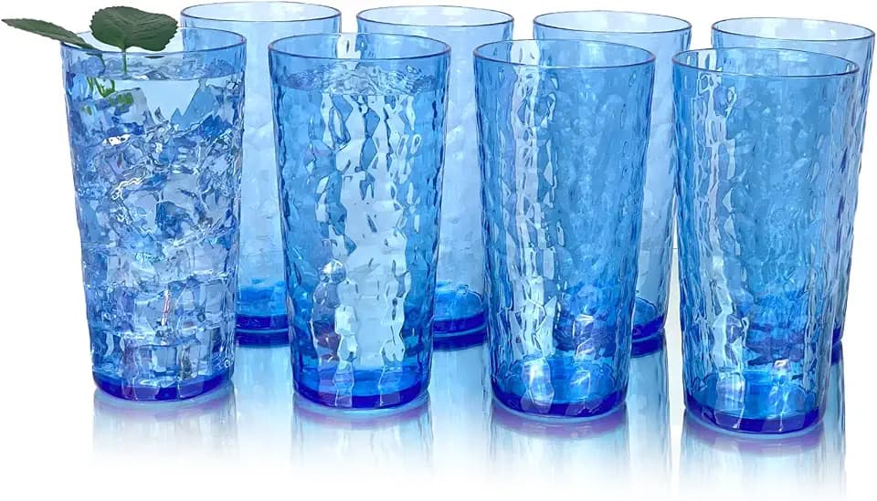 24-Ounce Plastic Tumblers (Set of 8), Reusable Plastic Mugs, BPA-Free Acrylic to Drink Mugs, Shatter Resistant, Textured Interior, Dishwasher Safe (Blue, 24 Ounce)