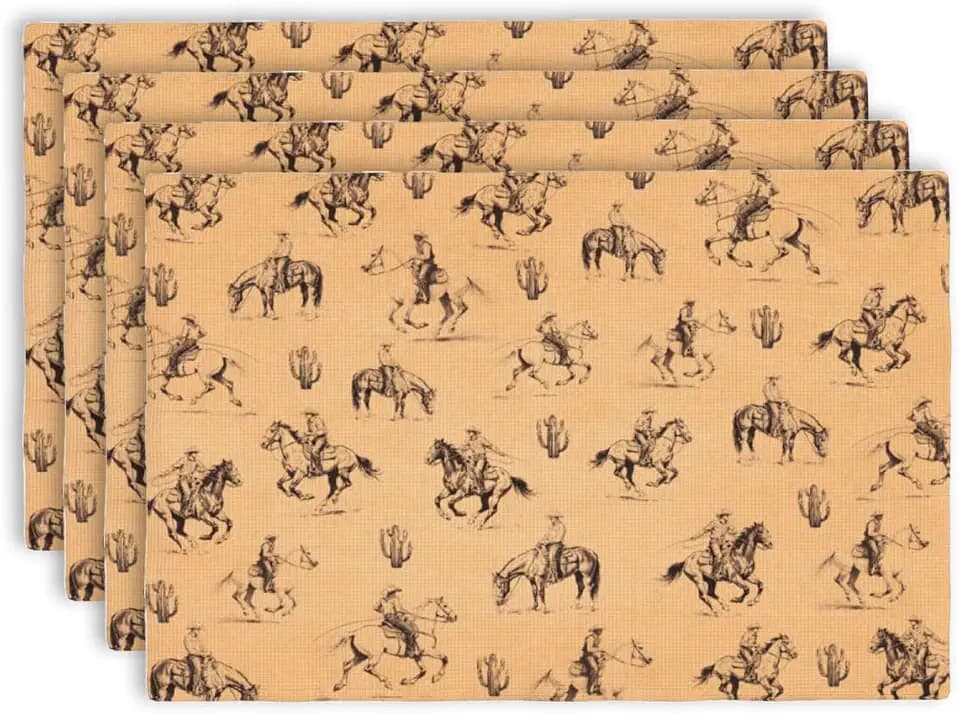 Western Cowboys Horse Cactus Retro Placemats Set of 4-12x18 Inch