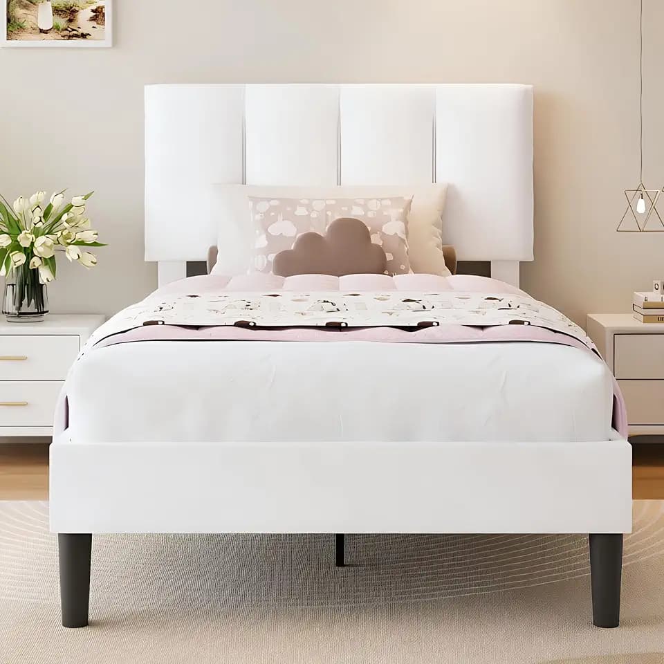 VECELO Twin Size Bed Frame with Upholstered Headboard, Pure White