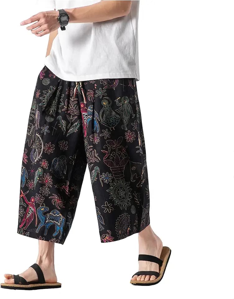 Mens Capri Pants Cotton Linen Harem Pants Elastic Waist Baggy Long Shorts