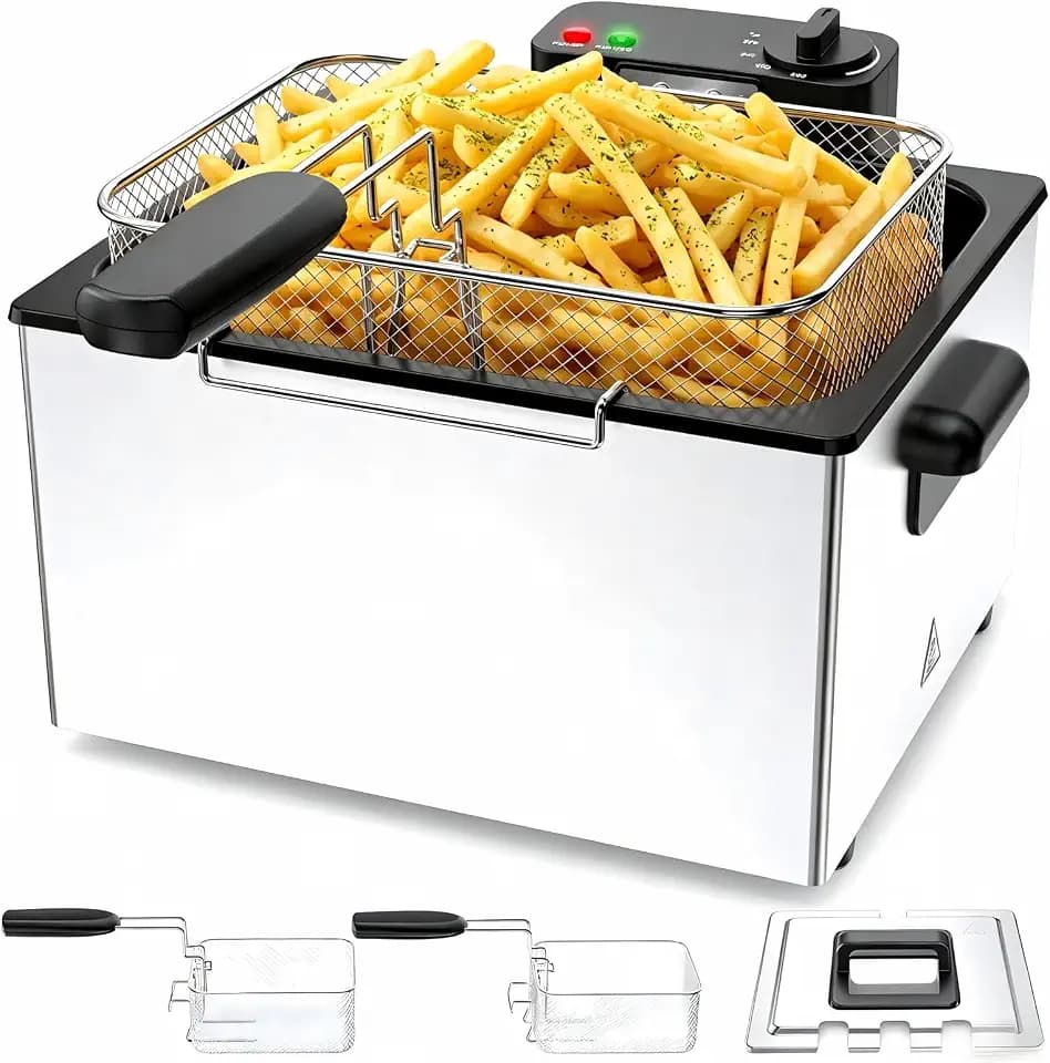NEWBULIG Deep Fryer with Basket, 5 Liter Electric Deep Fryer with 1800W Power, Adjustable Temperature, Lid with Viewing Window for Fried Chicken, Shrimp, French Fries, Silver