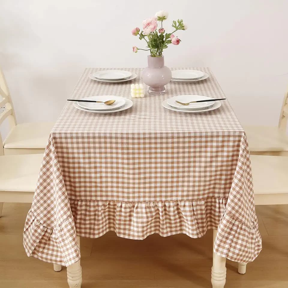 Taupe White Gingham Ruffle Tablecloth Square 60"x60"