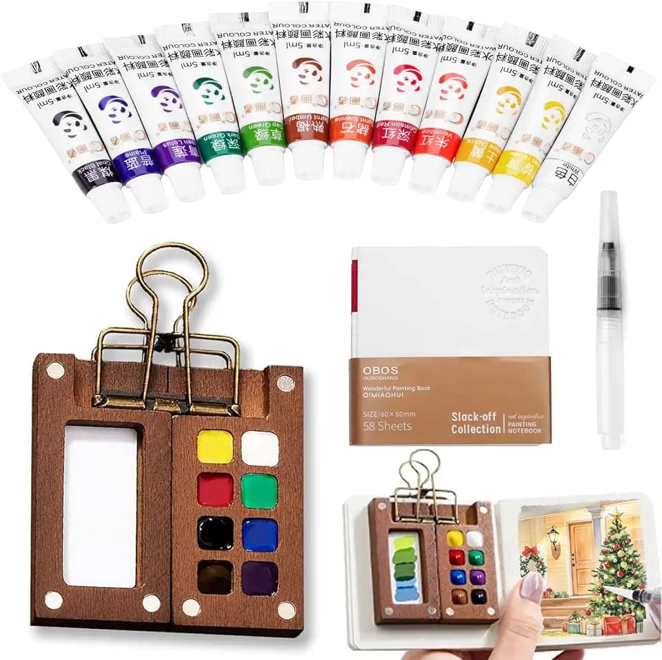Mini Watercolor Paint Set, Mini Paint Palette Travel Kit, Pocket Artist Watercolor Travel Set Colors, Sketchbook, Brush, Metal Clip, for Beginners, Artists, Enthusiasts (8 Grids, 12 Colors)