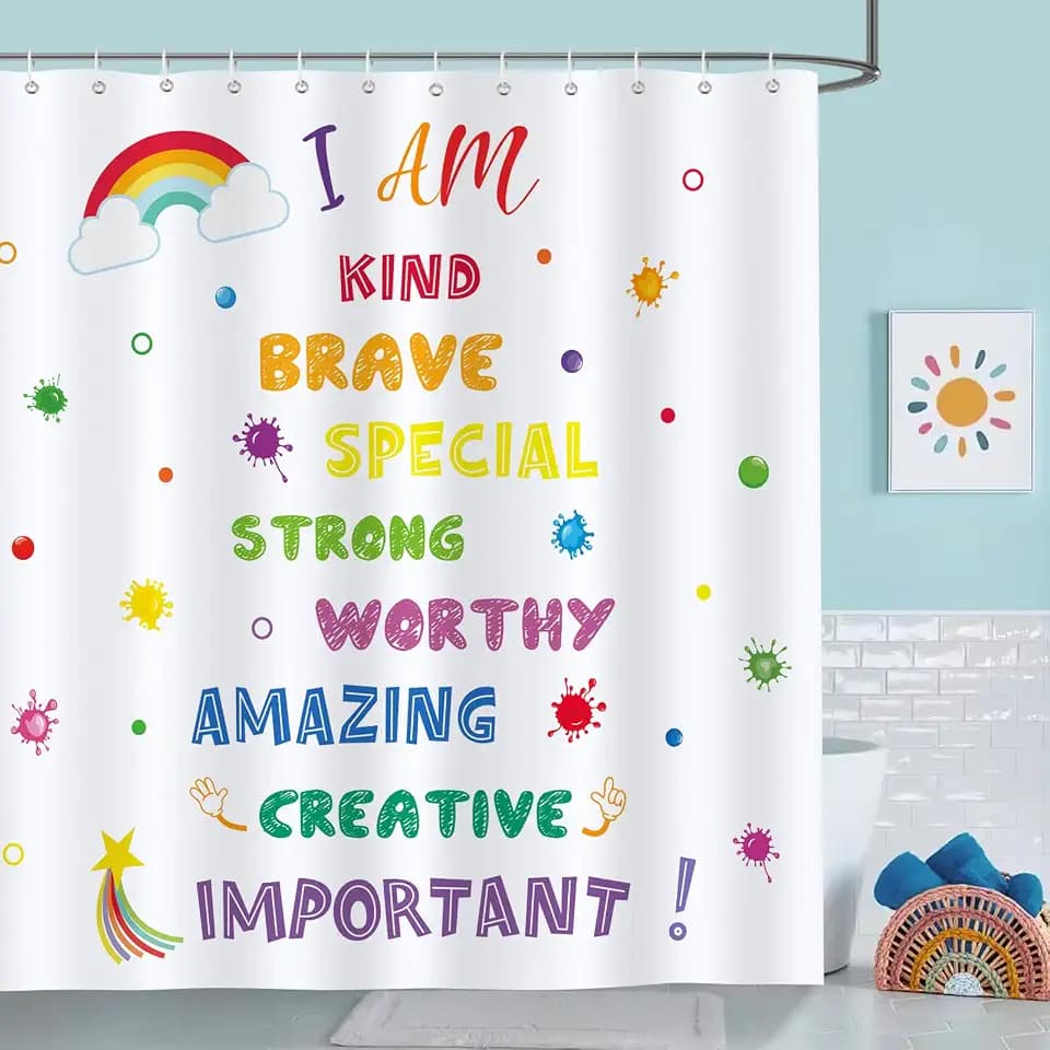 Bonhause Kids Shower Curtain, Cute Rainbow Polka Dot Quotes Bathroom Curtain 72x72 Inch Polyester Fabric Waterproof Bath Curtain with 12 Hooks