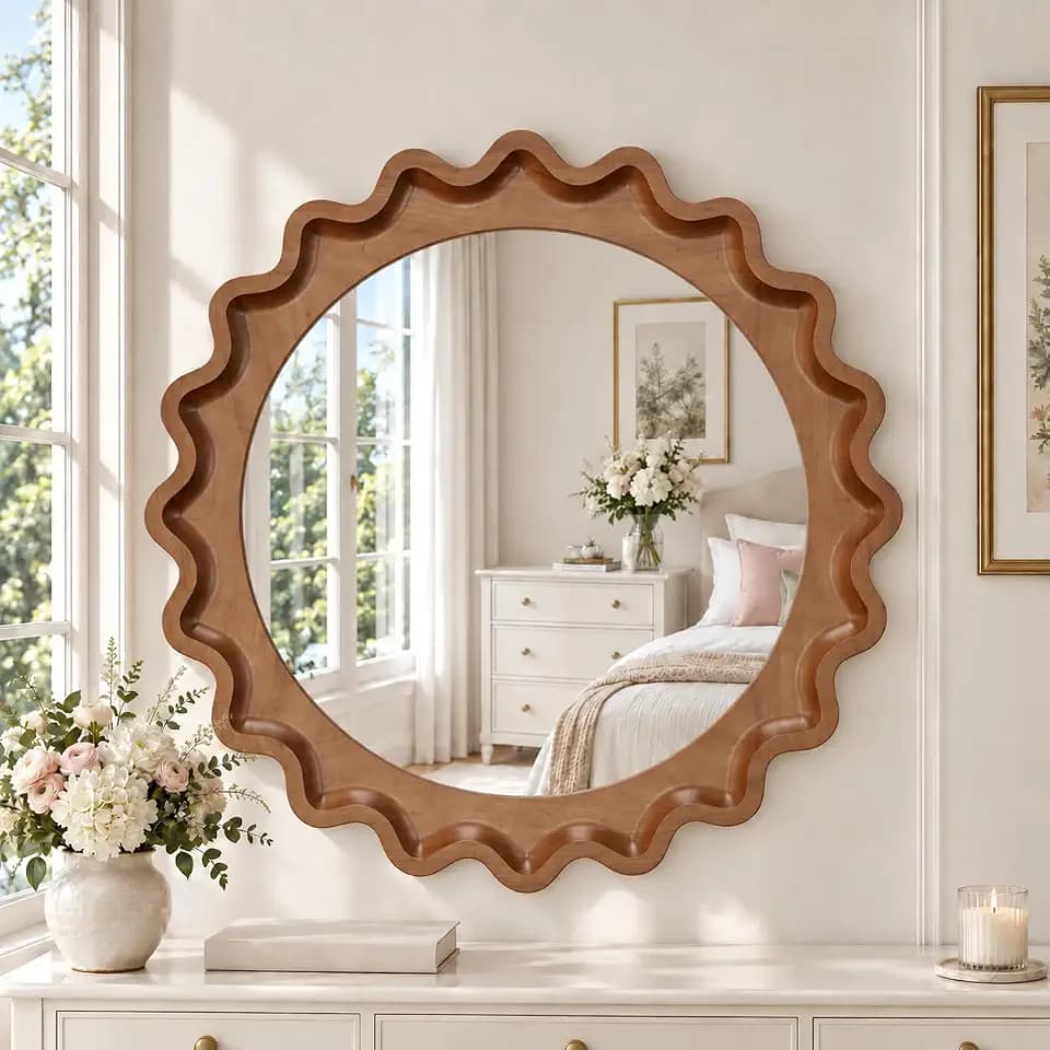 Scalloped Round Wood Mirror, Wavy 24" Boho Mirrors, Brown